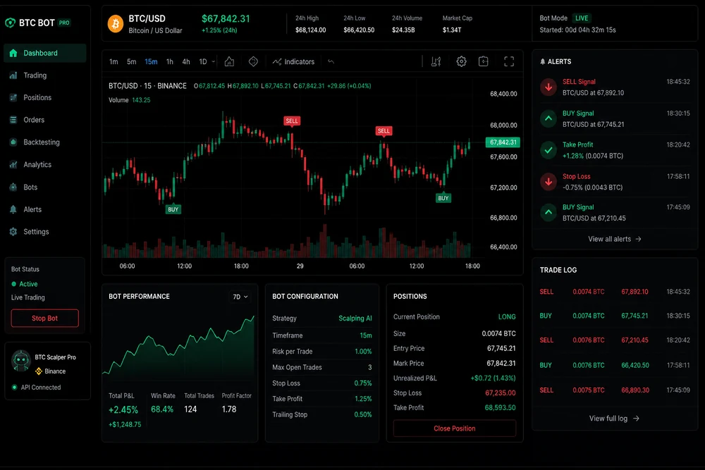 BTC scalping bot dashboard — 15-minute BTC/USD candlestick chart with buy and sell signal markers, a risk and strategy configuration panel, open position with stop loss and take profit levels, live alerts feed and trade log