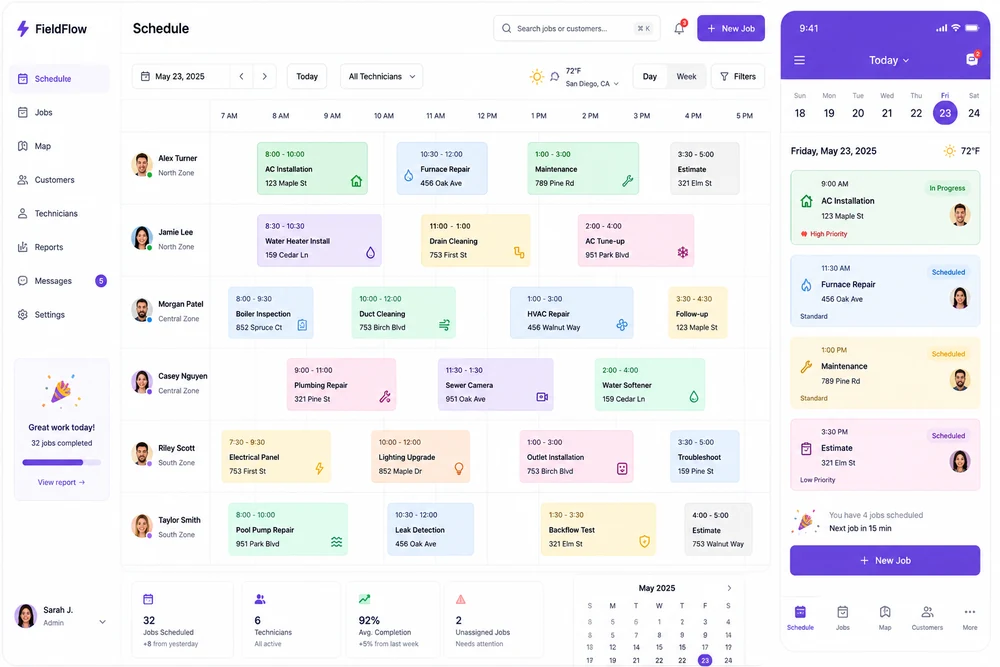Field service scheduling dashboard — technician day view with colour-coded job blocks, dispatch filters and a companion mobile schedule app