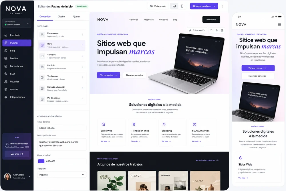 Marketing site CMS page editor with drag-and-drop content sections, quick theme settings and a live desktop and mobile preview
