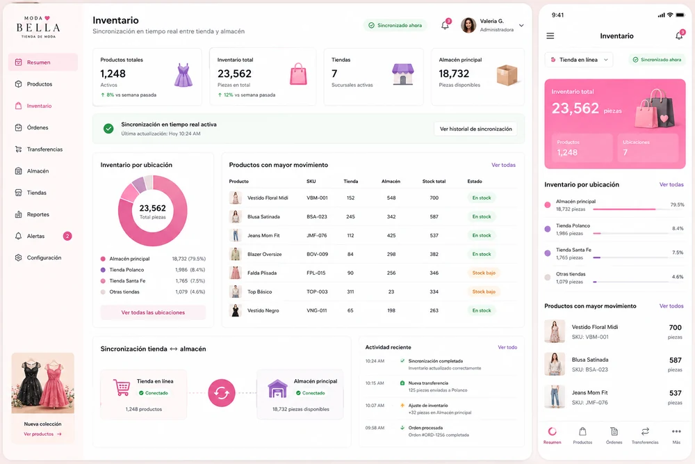 Retail inventory dashboard showing real-time stock sync between an online store and the main warehouse, with per-location stock levels and a live sync log